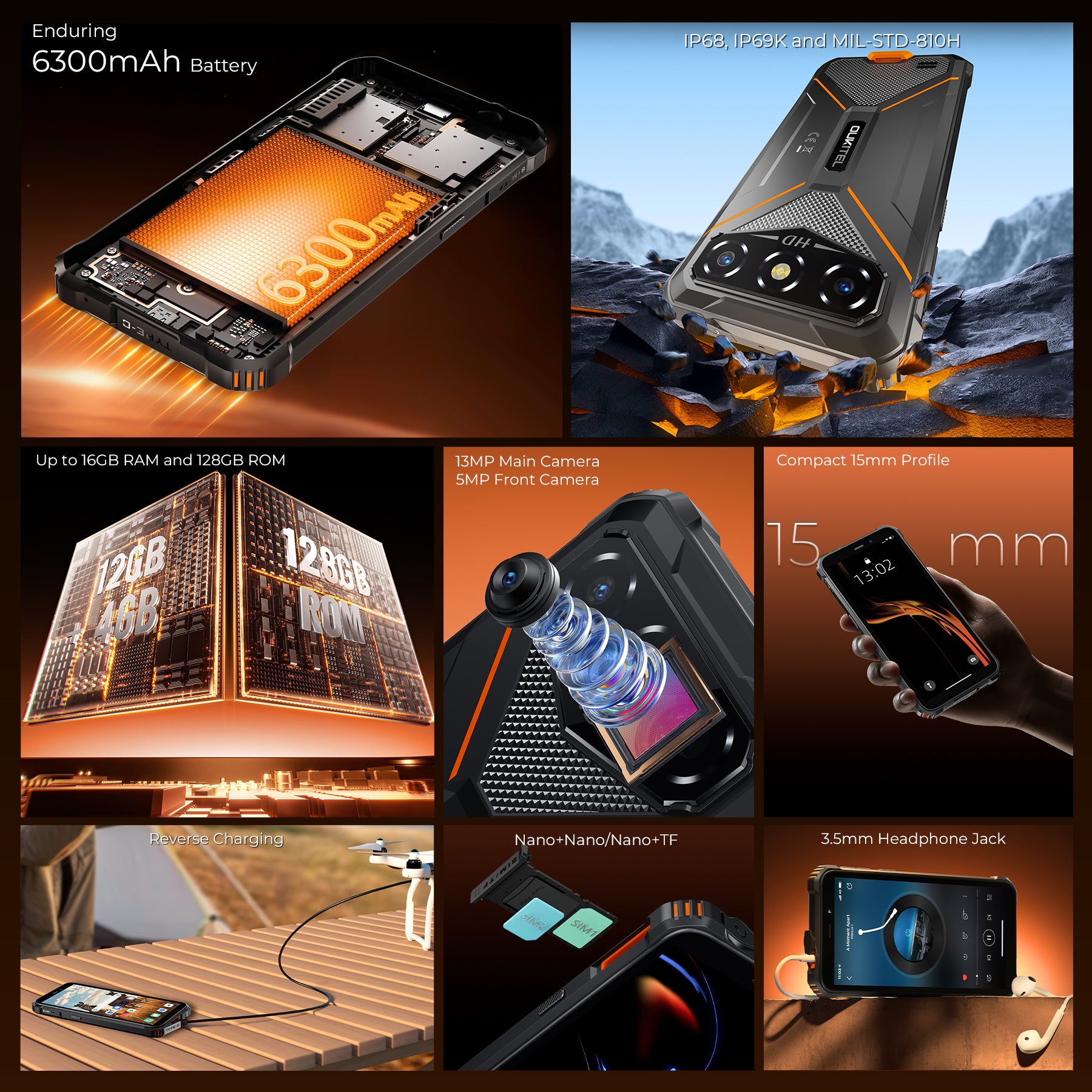 OUKITEL G3-EV Rugged Phone 6'' HD+ Display 6300mAh Big Battery 13MP Ca
